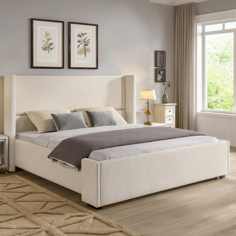 Fabric Upholstered Bed With Tall Headboard, King