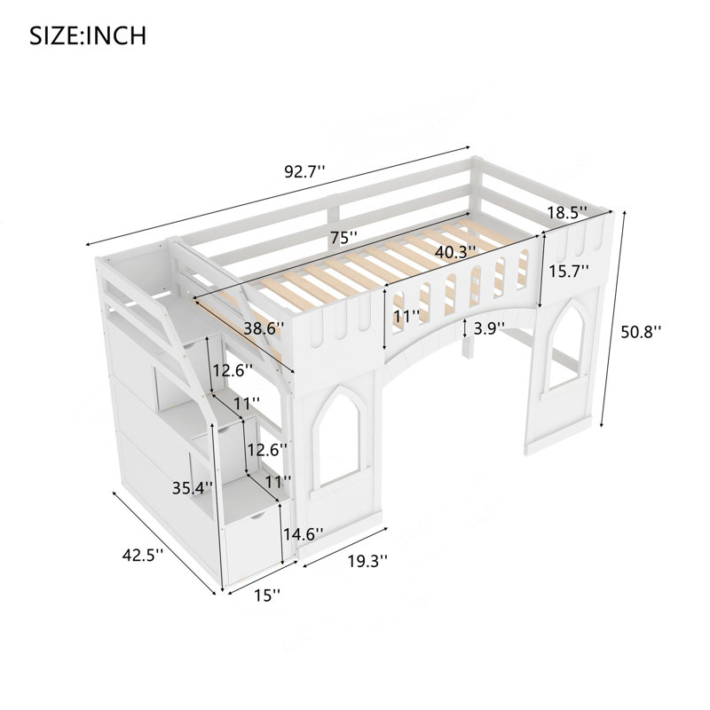 Lit mezzanine simple avec escalier de rangement et fenêtre, blanc, Blanc