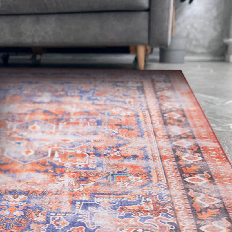 Tapis bleu orange à motif rétro tissé, Rectangle 3 pi 10 po x 5 pi 3 po