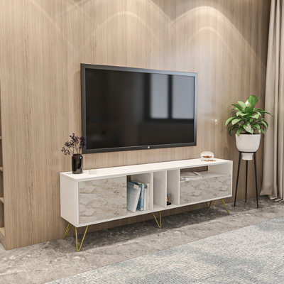 Meuble télé moderne avec pieds en métal, finition éphèse et or, 70,9 x 23,1 x 14,0 pouces | 100% panneau de particules enduit de mélamine, épaisseur: 0,7 pouce | Étagères murales spacieuses, design élégant et fonctionnel pour le salon