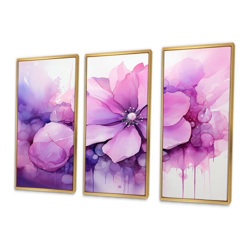 Encre botanique florale rose et mauve - art mural botanique, Cadre flottant doré, H 32 po x l 48 po x P 1 po