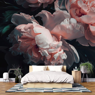 Papier peint floral foncé foncé - art mural pivoine pour la chambre à coucher