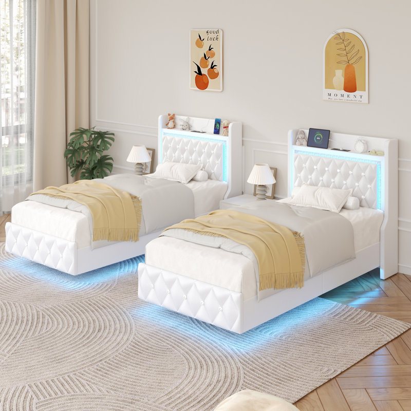 Cadre de lit flottant pour lit simple avec lumière DEL, lit plateforme en cuir de polyuréthane rembourré avec station de charge et oreilles, tête et pied de lit capitonnés avec rangement Diamond, aucun sommier nécessaire