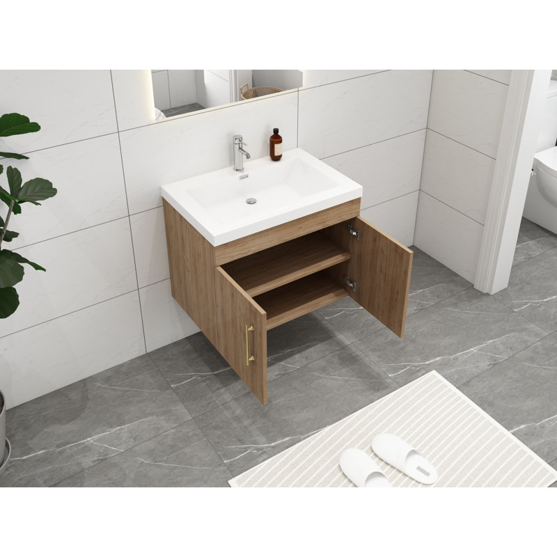 Ensemble de meuble-lavabo mural simple 30 po Carliss, Naturel / chêne, Or