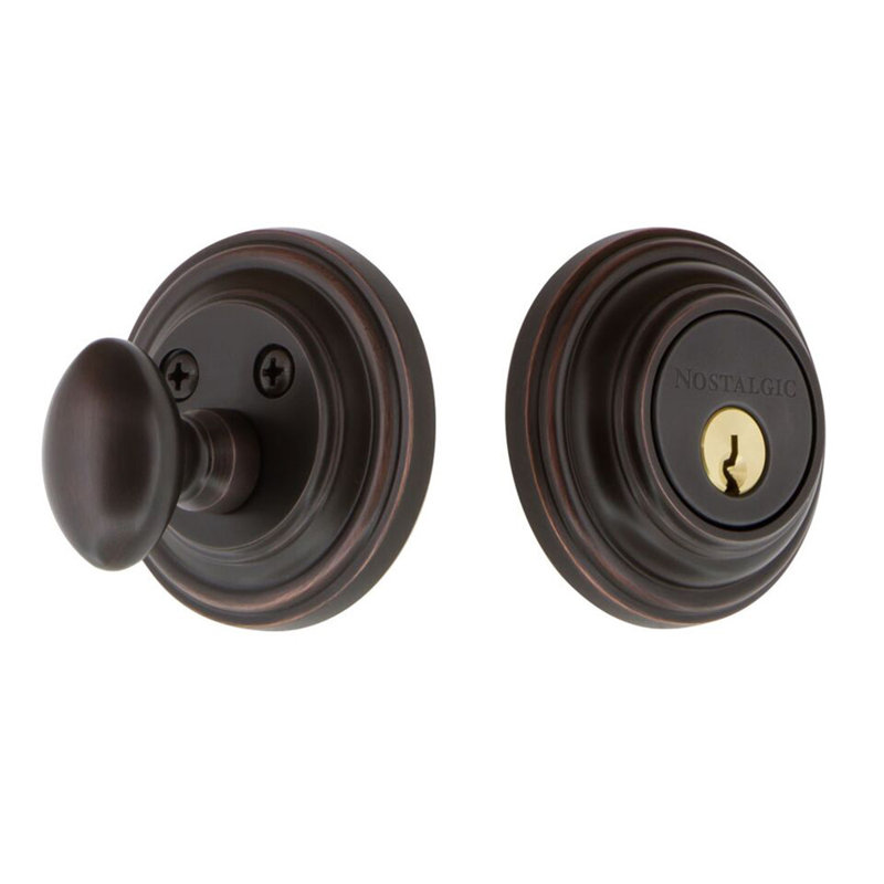 Nostalgic Warehouse Classic Rosette Single Cylinder Deadbolt, Timeless Bronze, 2.75, Keyed Alike	