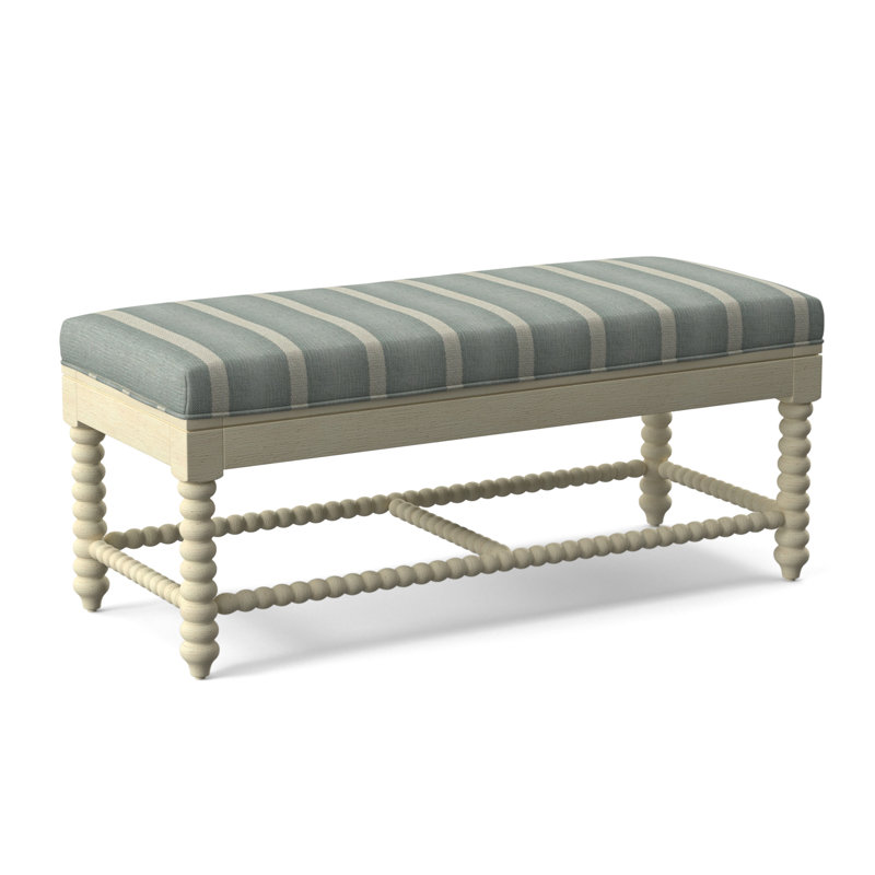 Banc en bois massif Louisa, Finition bisque, Rayé bleu clair et blanc / 0256-54
