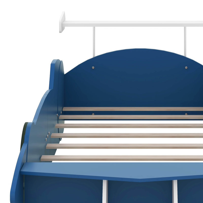 Twin Size Race Car-Shaped Platform Bed With Wheels, Wood Car Bed Frame For Kids, No Box Spring Needed, Blue