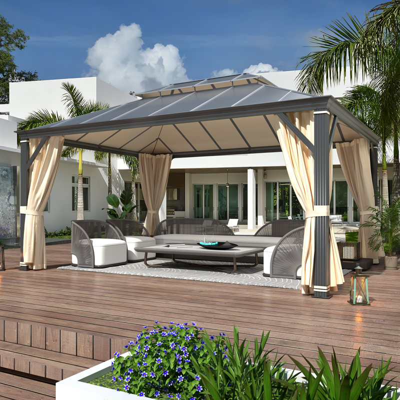 12' W x 16' D Outdoor Hardtop Gazebo – Heavy Duty Aluminum Frame, Double Galvanized Steel Roof, Permanent Pavilion with Netting & Curtains for Patio, Lawn, Deck