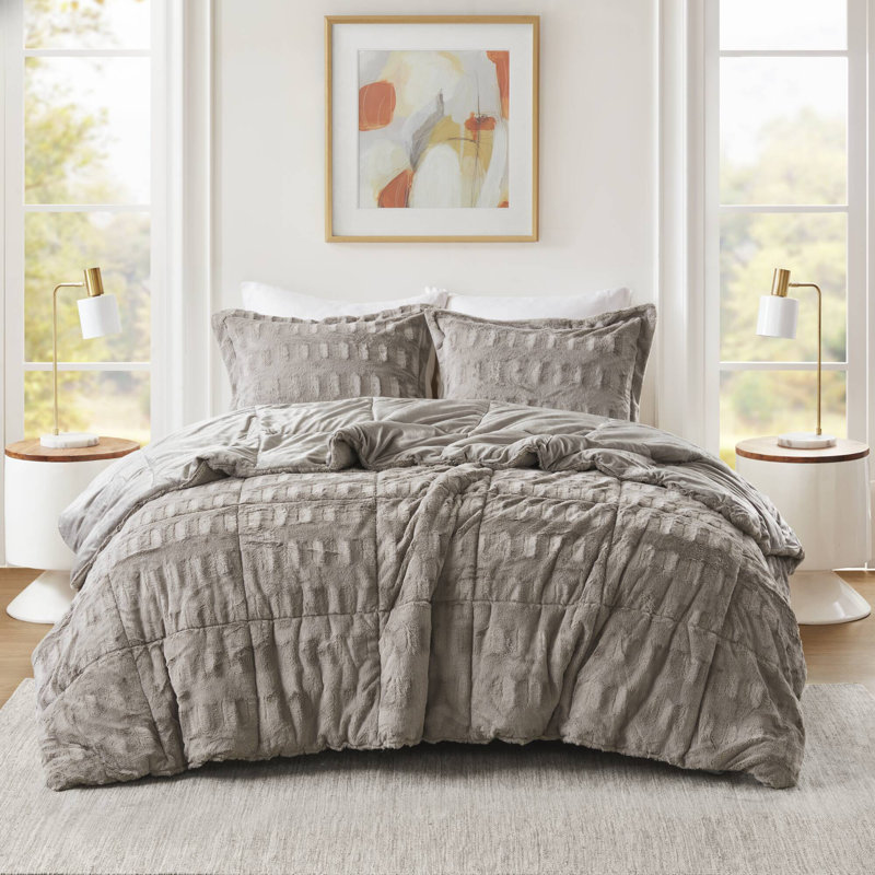 Ensemble d'édredon en fausse fourrure 3 pièces pour lit double / grand, Gris, Édredon simple