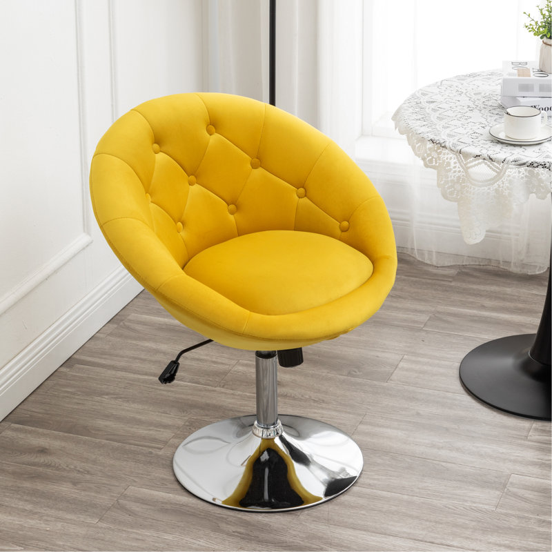 Fauteuil d'appoint en velours jaune avec dossier et pivotement rembourré à 360 degrés en jaune, détails, base hydraulique, l 28,89 po x P 24 po, H 32 po à 38,25 po