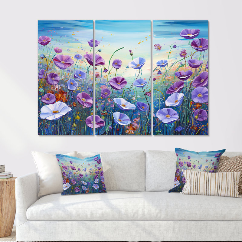 «Purple Morning Glory Flower Field», ensemble d'art sur toile, H 28 po x l 36 po x P 1 po, Toile tendue