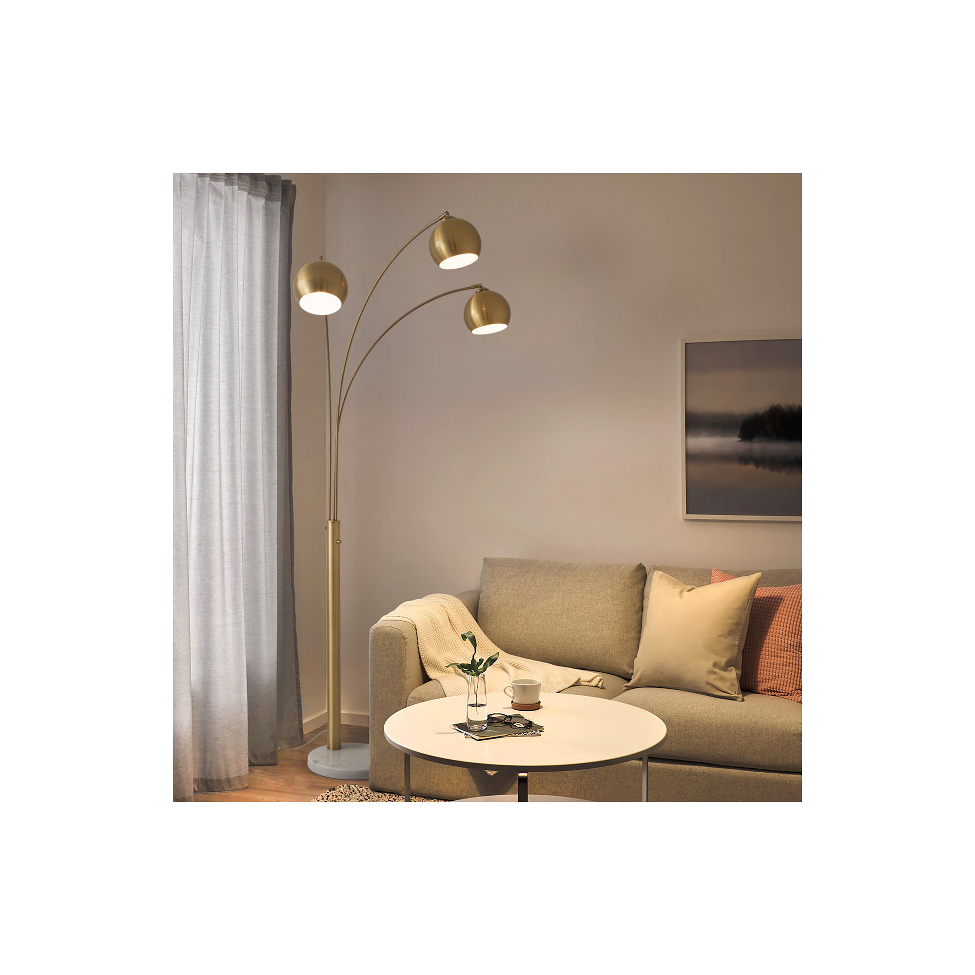Triplet 3 Light Arc Floor Lamp - Nickel, Marble Base, Dimmer Switch, White , Weathered Brass