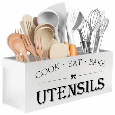 Très grand porte-ustensiles de cuisine avec 4 compartiments, organisateur d'ustensiles en bois