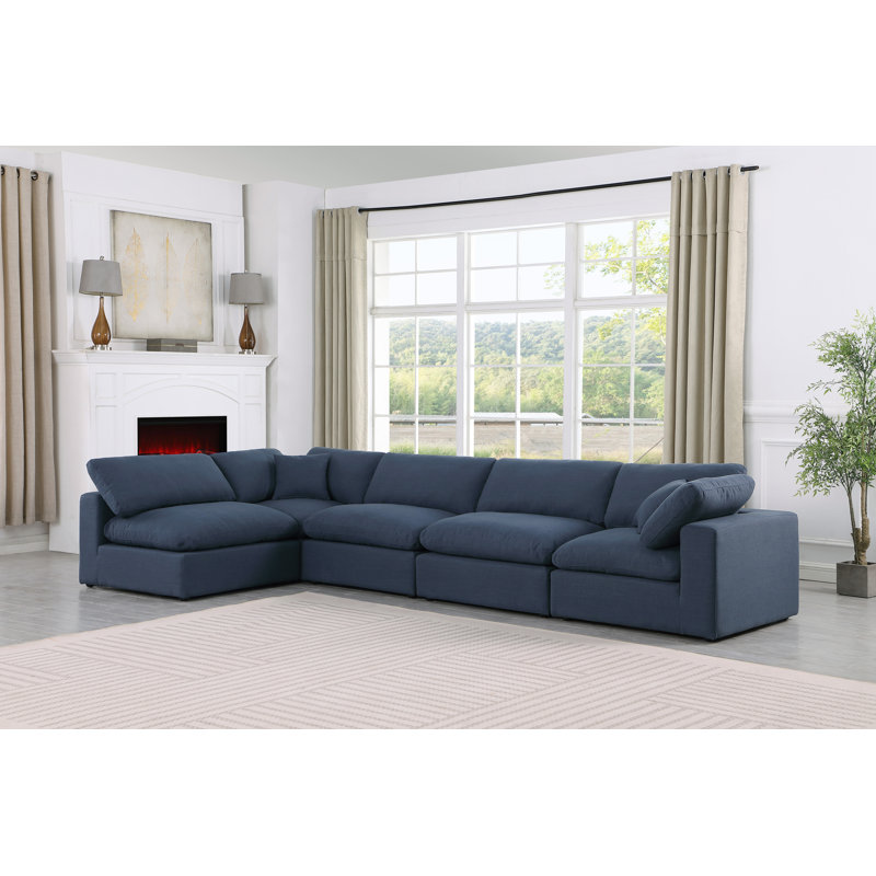 Canapé modulaire 5 pièces rembourré, Tissu texturé en lin bleu marine