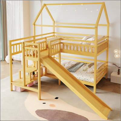 Lit simple superposé en forme de maison avec escalier coulissant et rangement, deux méthodes de placement, conception silencieuse, bois naturel