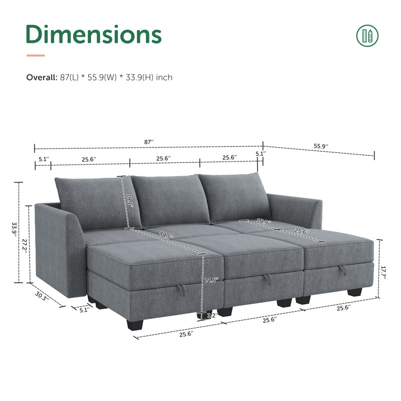 U-Shaped Sleeper Sectional Reversible Modular Sectional Sofa, Bluish Gray Polyester