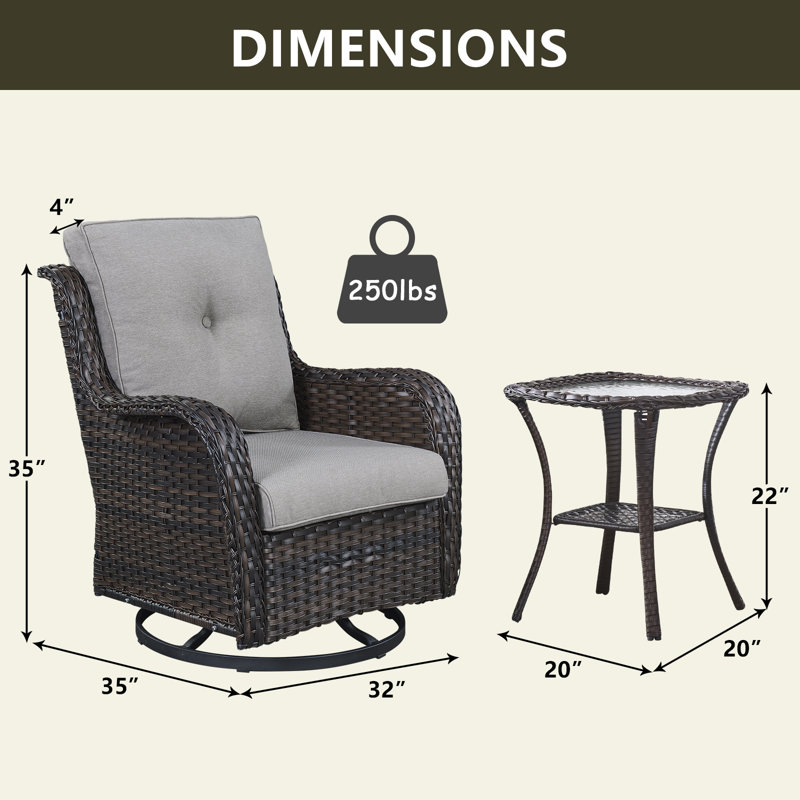 Chaises pivotantes d'extérieur en rotin d'osier avec table d'appoint (ensemble de 3), Beige, Brun