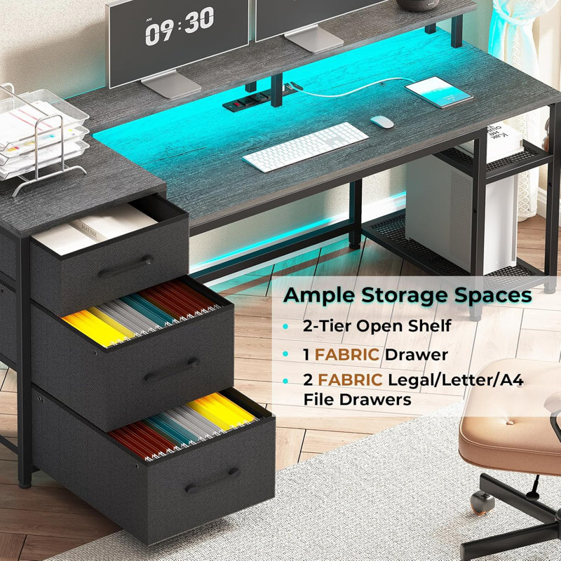 Bureau de 59 po avec tiroirs, bureau d'ordinateur réversible avec tiroirs-classeurs et rangement, bureau de jeu avec lumières DEL et prise de courant, bureaux à domicile pour impression