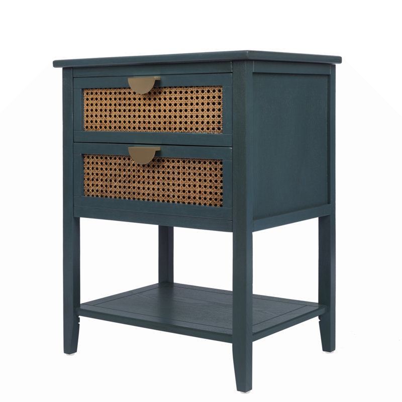 2 Drawer Nightstand,  Natural Rattan, Suitable for Bedroom, Green