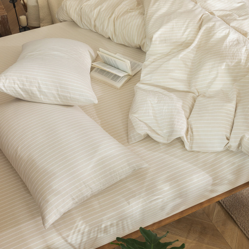 MooMee Striped Duvet Cover Set 100% Washed Cotton Linen Like Textured, King Duvet Cover + 2 King Pillowcases