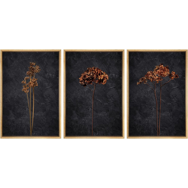 Grunge Moody Flower Minimalist Floral and Botanical Framed Canvas 3 Pieces Set Print Wall Art, Natural