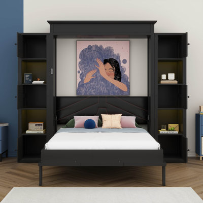 Lit escamotable avec armoires de rangement et lumières DEL Murphy, lit escamotable pliable en bois avec tête de lit rembourrée