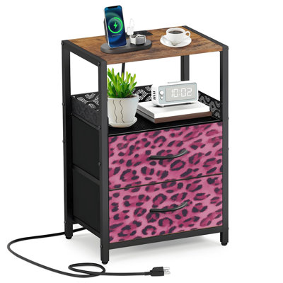 2 Fabric Drawers Night Stand with Charging Station Pink Leopard Print Bold Spots Stripes Bedroom Bedside Table End Table with Open Shelf USB Ports and Outlets