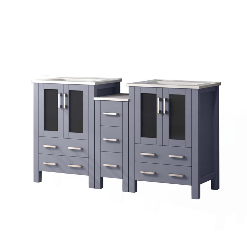 Meuble-lavabo double avec armoire latérale et plateau en céramique blanche