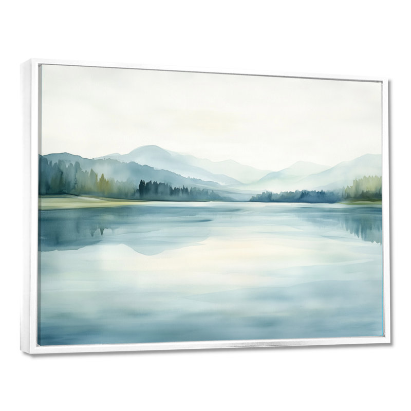 «Soft Lake Morning Reflection I - Blue Landscape», art mural encadré, H 30 po x l 40 po, Cadre flottant blanc