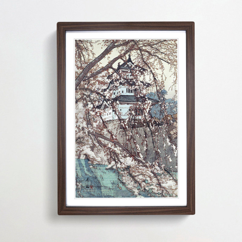 Hirosaki Castle by Hiroshi Yoshida - Picture Frame Art Print, 36cm H x 27cm W x 2cm D, Walnut Framed