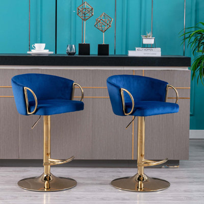 Adjustable Velvet Bar Stools with Chrome Footrest and Swivel Base