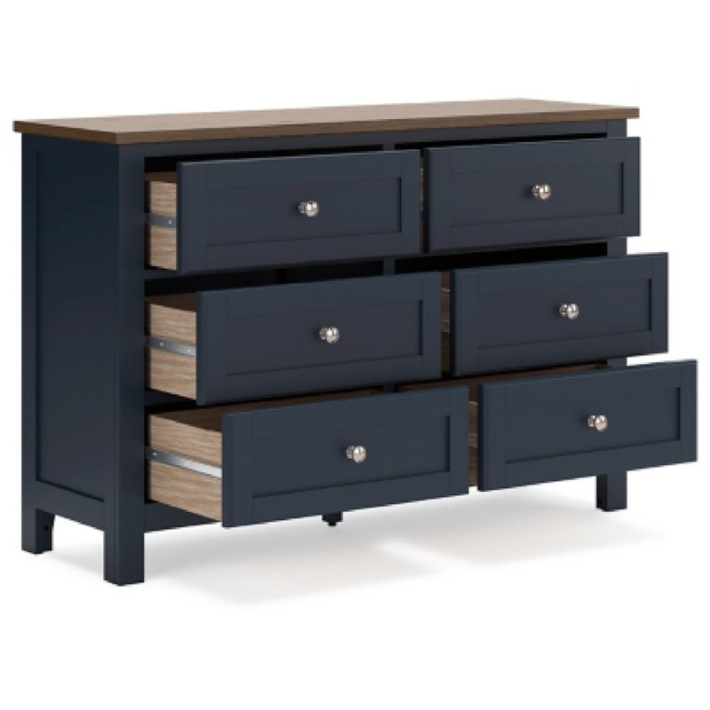 Grande commode Docken, 6 tiroirs, style Shaker, bleu ardoise et brun clair