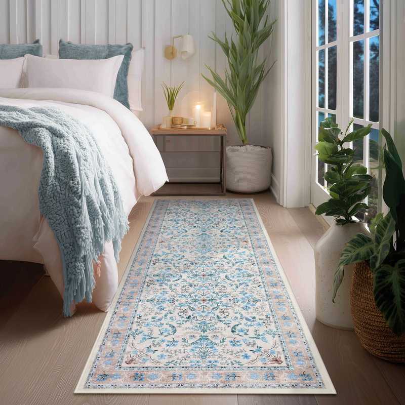 Washable Runner Rug 2x6 Farmhouse Floral Hallway Runner Non Slip, Vintage Entryway Rug, Soft Thin Low Pile Carpet, Indoor Non Shedding Floor Mat, Foldable Printed Carpet, Blue