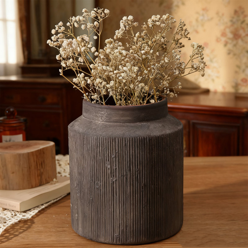 Vase en céramique nervuré de style campagnard, gris-noir, style rustique rétro, imperméable, pour les fleurs séchées et les bouquets frais, idéal pour le salon et la table à manger