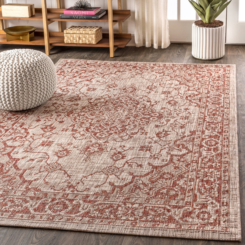 Nate Boho Medallion Textured Weave Red/Taupe Indoor/Outdoor Rug, Rectangle 3'1" x 5'