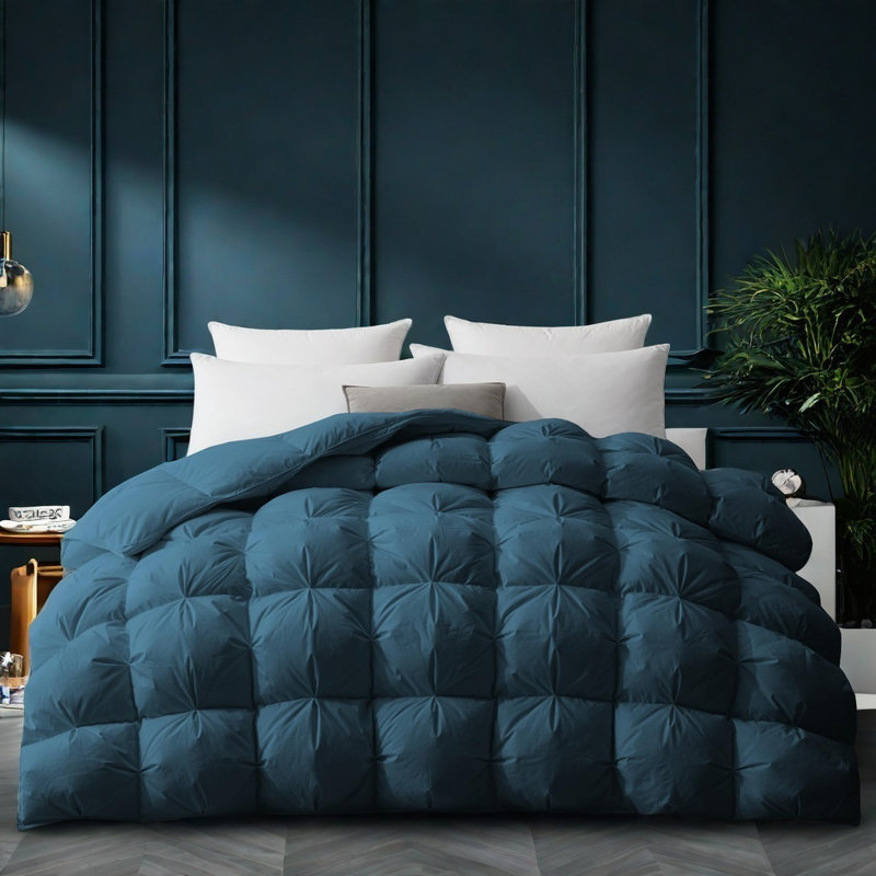 Goose Feather Down Comforter with Pinch Pleat Design, Navy, Queen