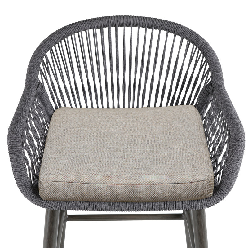Tabouret de bar extérieur en aluminium avec dossier en corde tissée, Gris clair, Gris ardoise