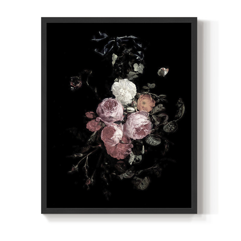 Reproduction florale rétro encadrée XCV - bois massif, Noir, noir, noir, noir