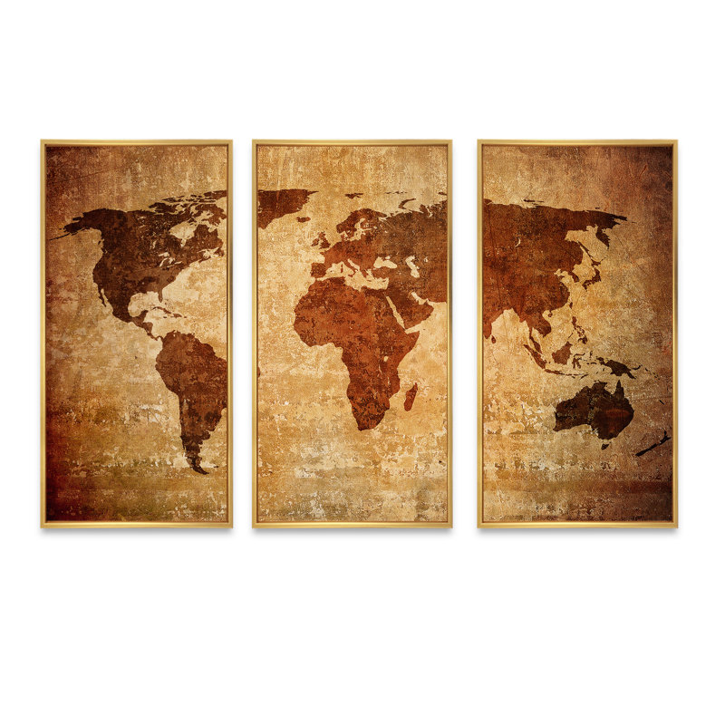 Ancienne carte du monde, impression sur toile flottante 3 pièces, H 32 po x l 48 po, Cadre doré