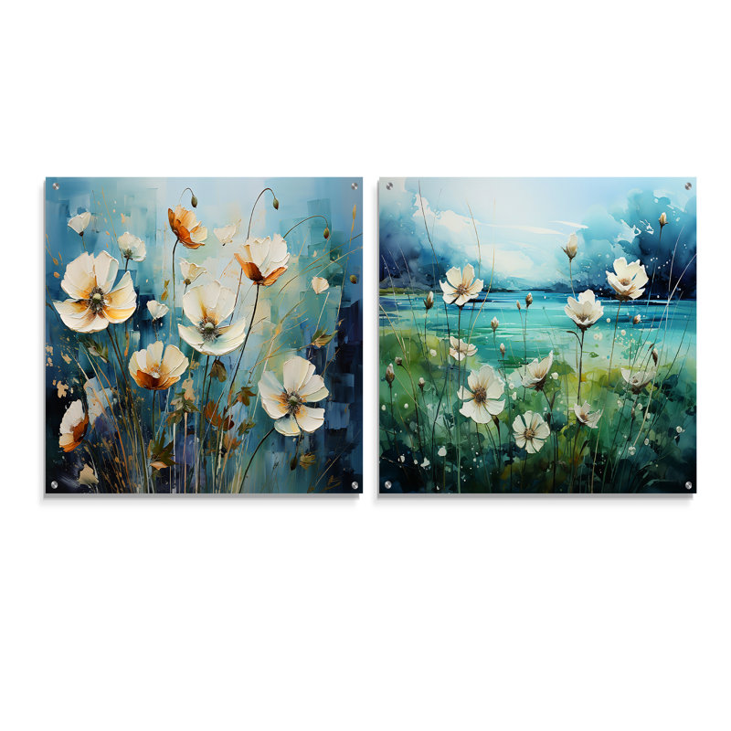 «Misty Flower Meadows I», ensemble de 2 peintures murales en acrylique, H 16 po x l 33 po