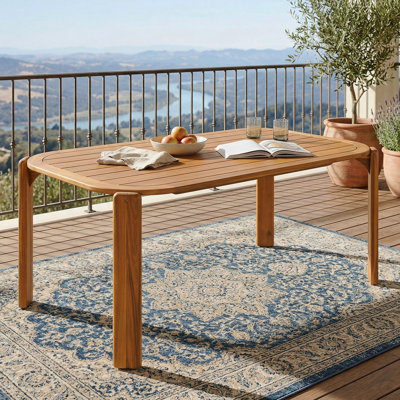 Table de salle à manger d'extérieur en bois d'acacia Kaja, finition teck avec conception à lattes