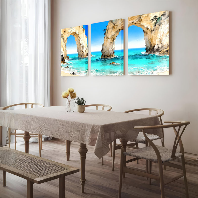 Tableau sur toile tendue représentant un paysage de plage avec une arche naturelle (ensemble de 3), H 30 po x l 60 po
