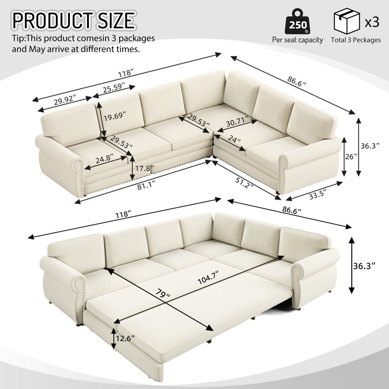 118" L-Shaped Sofa Couch With Pull-Out Bed,Oversize Convertible Sleeper Sofa, Beige, Beige