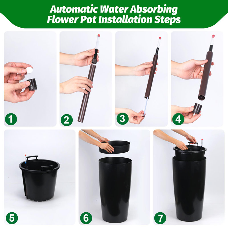 2 Pcs 30 inch Black Self Watering Planters Water Level Monitor and Drainage for Front Porch Decor, Black