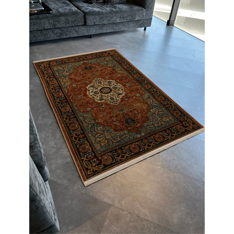 Tapis décoratif orange et bleu à motifs traditionnels, Rectangle 5 pi 1,02 po x 7 pi 6,55 po