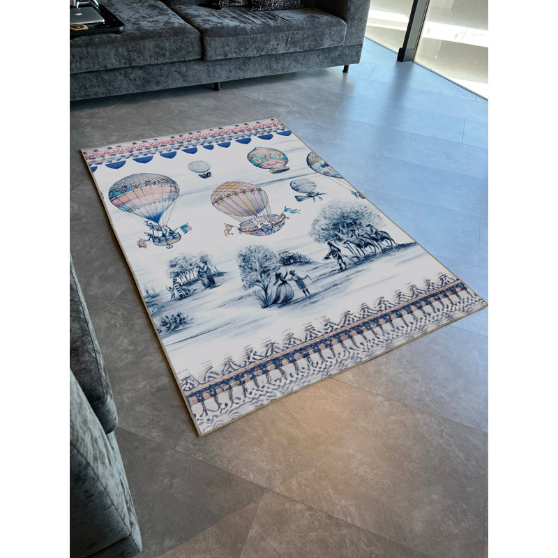 Tapis décoratif à motif de montgolfières, d'arbres et de cavaliers de couleur bleue sur le thème de la nature