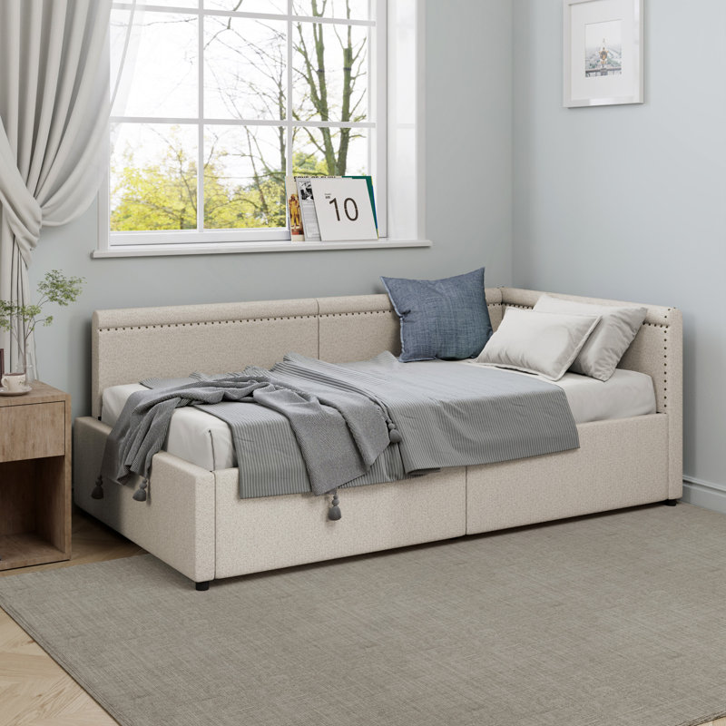 Modern Style L Shape Corner Bed, Linen Upholstered  Daybed  With Two Storage Drawers, Beige