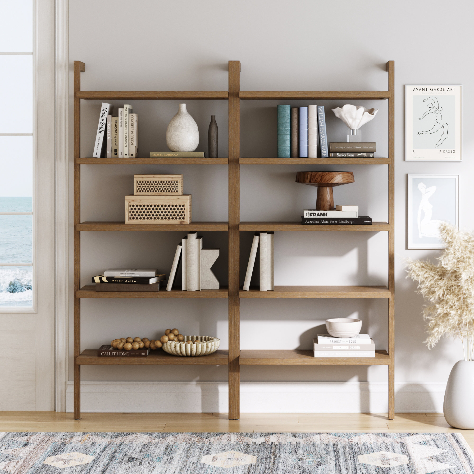 Nathan James 5-Tier Wall Mounted Solid Wood Bookshelf