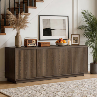 TV Stand for a 75-Inch TV — Mid-Century Modern Entertainment Center with Fluted Doors, Storage, and Cable Management