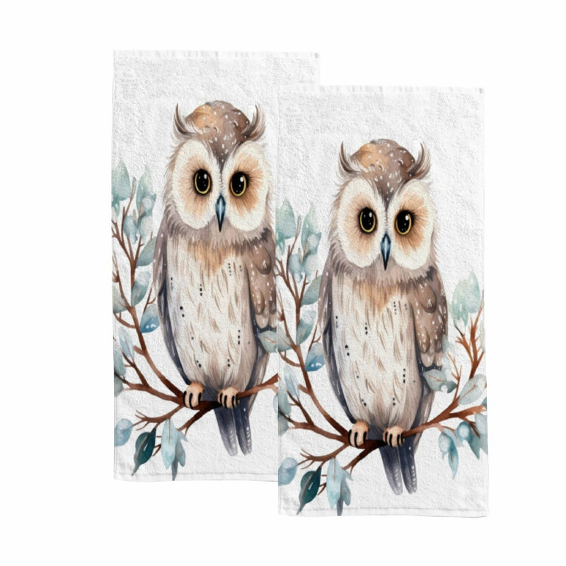 Winter Owl Microfiber Hand Towels - Soft, Absorbent, 30x15 Inches, Set of 2 for Bathroom, Kitchen, Gym, Spa